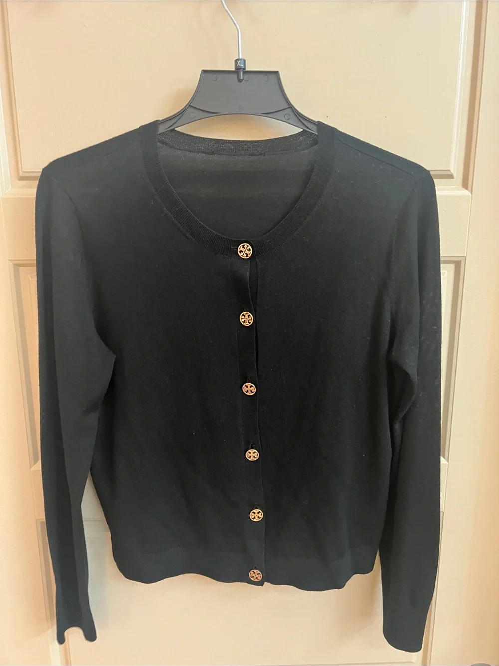 Tory Burch 100% Merino Wool Cardigan Sweater Black Gold Logo Buttons Classic